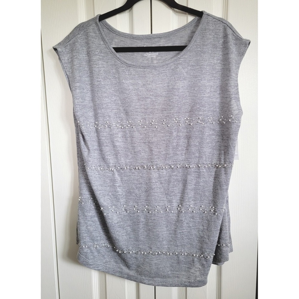 Lane Bryant Women's 14/16 Gray Top Pearl Accents Chiffon Back Inset NWT RV $50